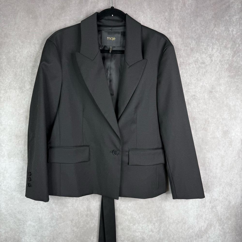 MAJE Vivial Wool Belted Blazer Jacket In Black Women's Size 38 US M